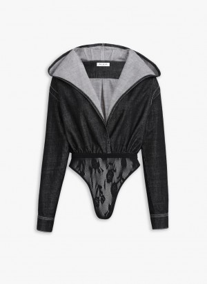 Black Women's Alaia Hooded Denim Body Bodysuits Singapore | G9W-2457