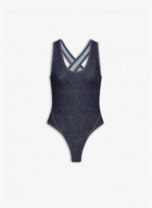 Blue Women's Alaia Denim Crossback Body Bodysuits Singapore | W6T-2185