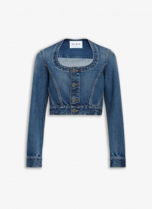 Blue Women's Alaia Nekcline Denim Jackets Singapore | M6B-4795