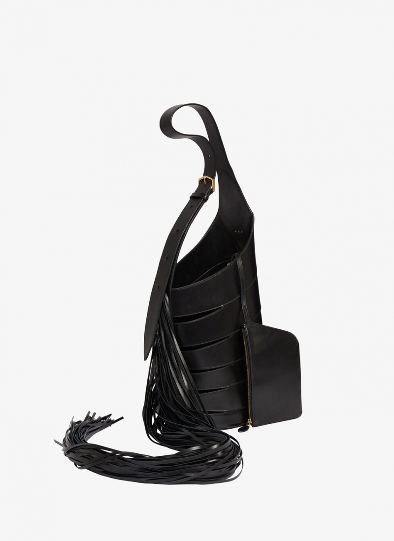 Black Women's Alaia Babel With Fringes Medium Shoulder Bags Singapore | J9R-4183