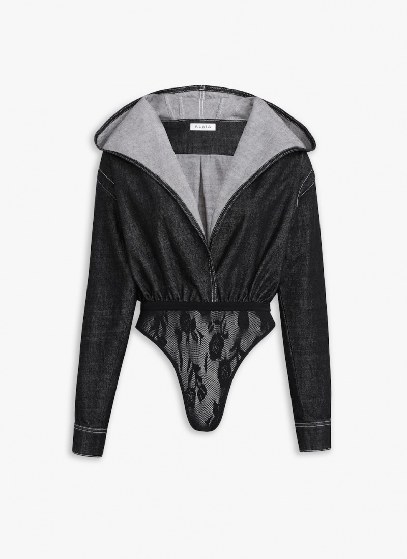 Black Women\'s Alaia Hooded Denim Body Bodysuits Singapore | E7Y-6495