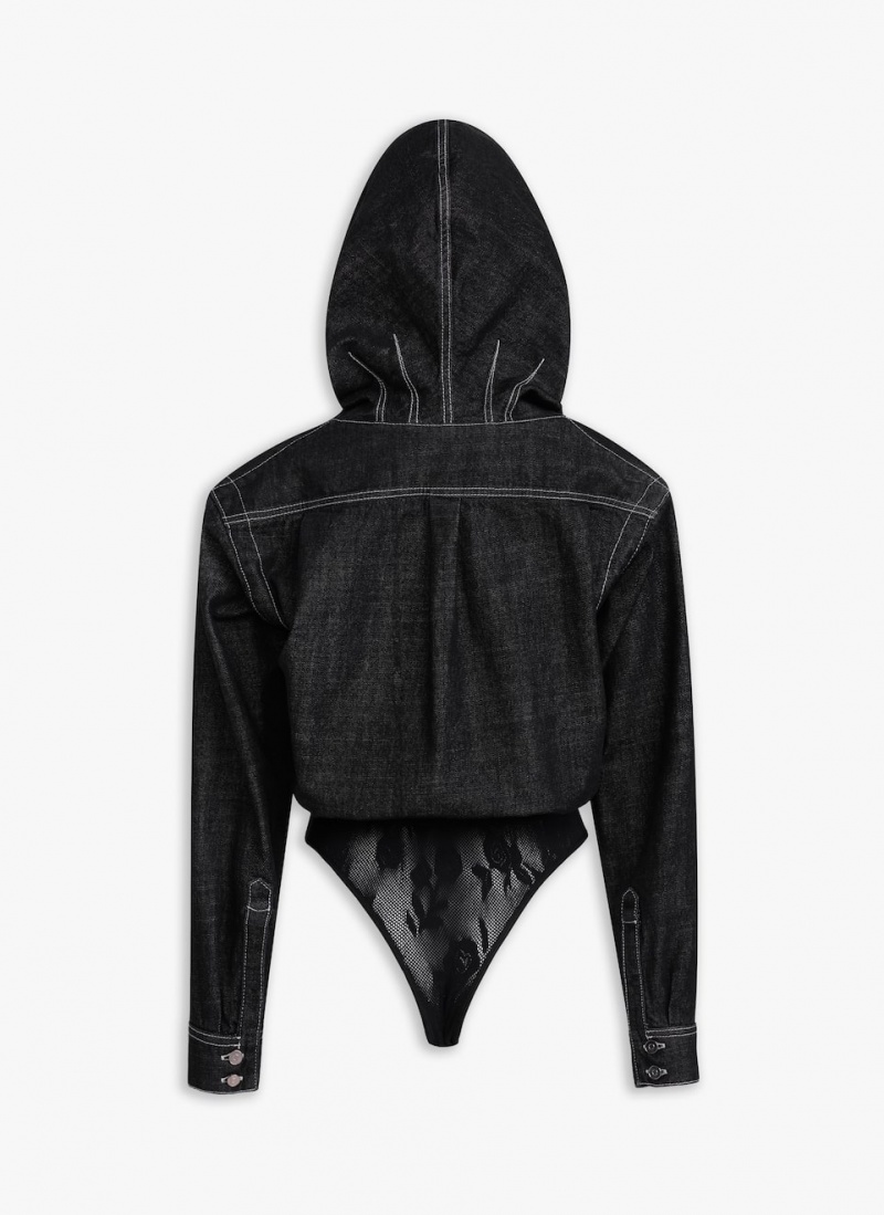 Black Women's Alaia Hooded Denim Body Bodysuits Singapore | G9W-2457