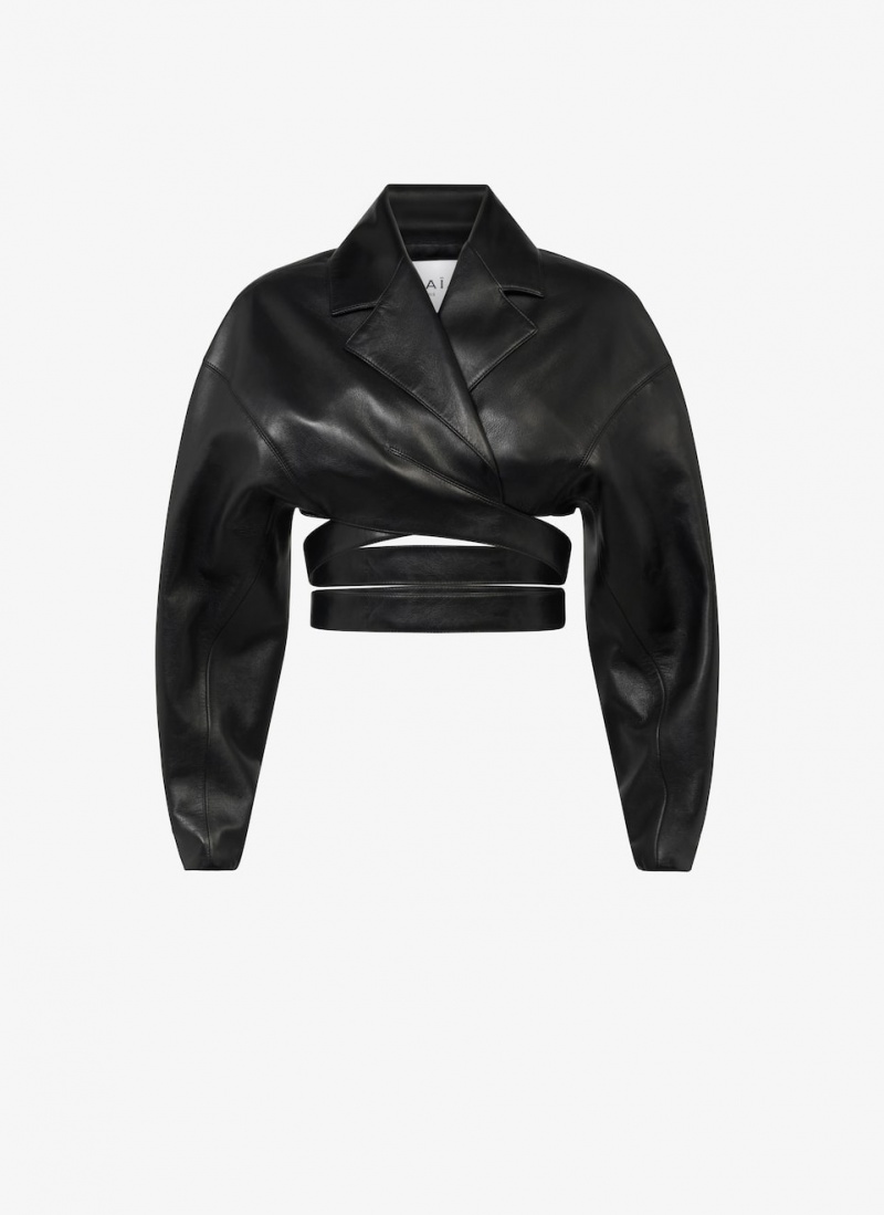 Black Women\'s Alaia Leather Cross-over Jackets Singapore | S2E-2259