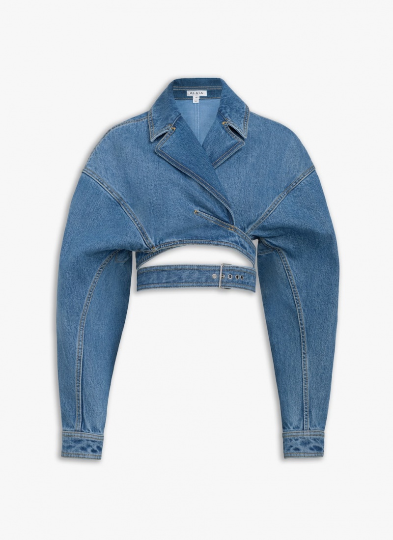 Blue Women\'s Alaia Denim Cross-over Jackets Singapore | K5V-1038