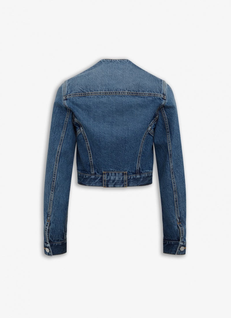 Blue Women's Alaia Nekcline Denim Jackets Singapore | C2M-9855