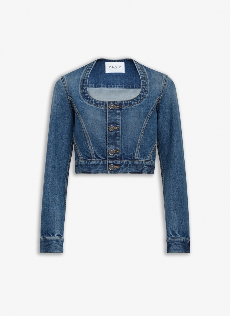 Blue Women\'s Alaia Nekcline Denim Jackets Singapore | C2M-9855