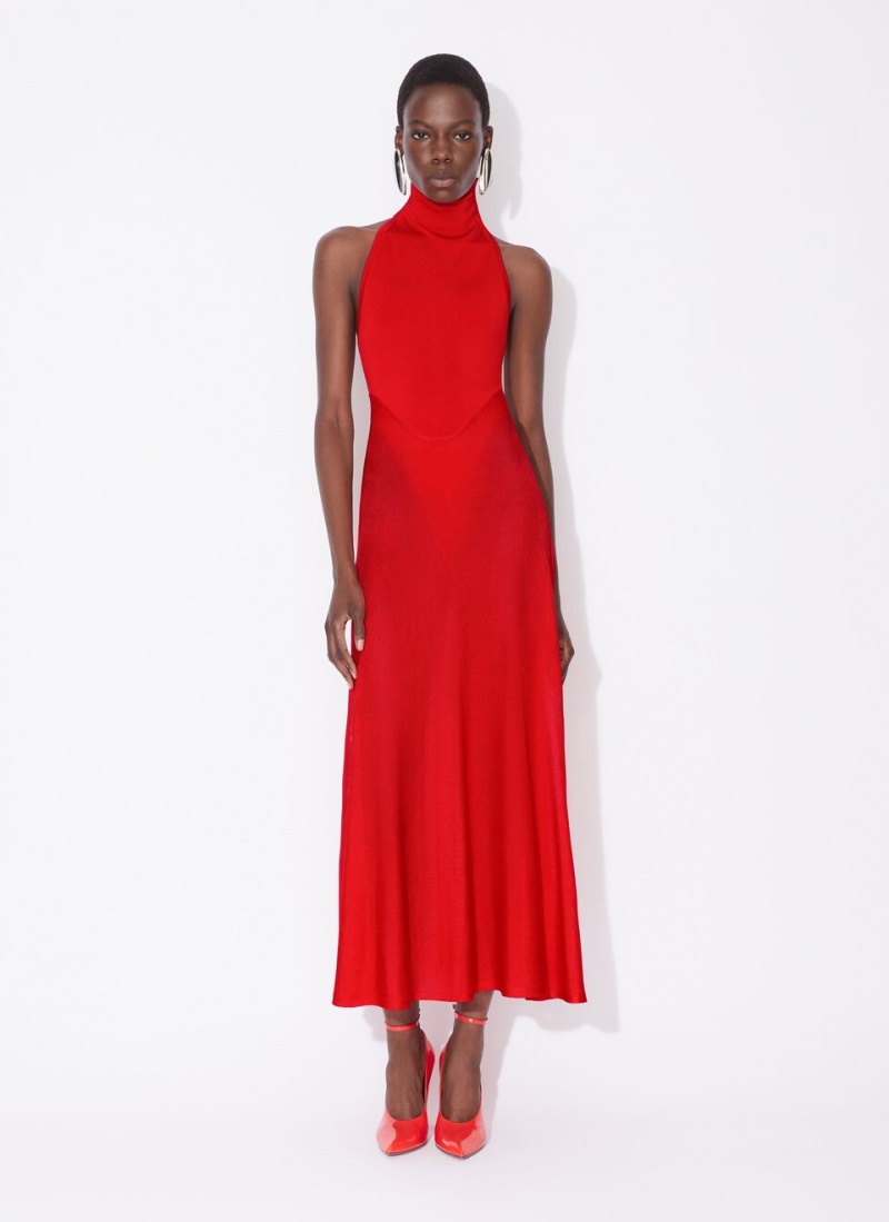 Red Women's Alaia Shiny Flared Dress Singapore | G3H-1812