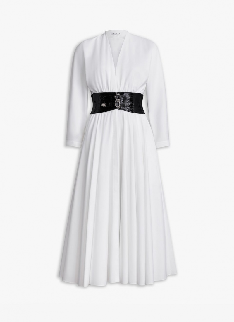 White Women\'s Alaia Poplin Cross Belt Dress Singapore | G9D-2452