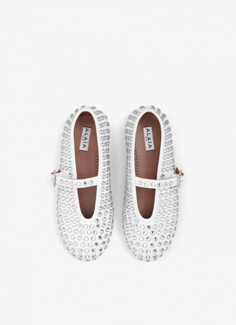 White Women's Alaia Strass Lambskin Ballet Flats Singapore | T2B-5205