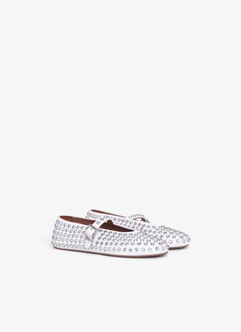 White Women's Alaia Strass Lambskin Ballet Flats Singapore | T2B-5205